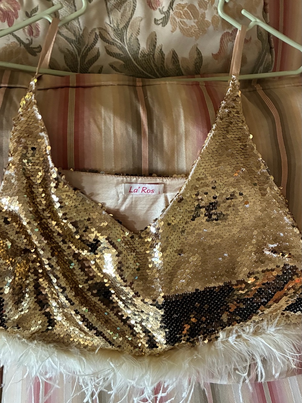 Gold Sequin Feather Trim Crop Top